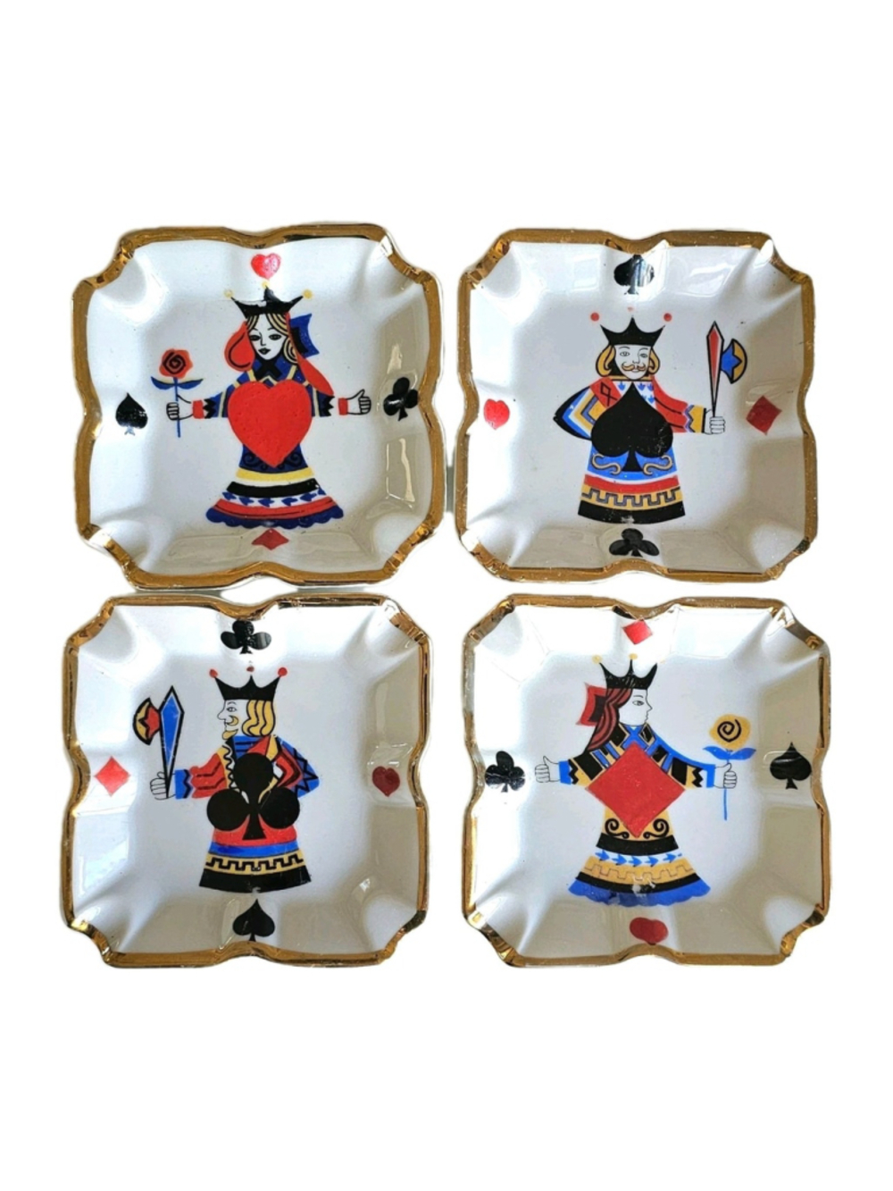 Vintage Mid-Century Playing Card Suit Porcelain Ashtrays – Collectible Set of 4